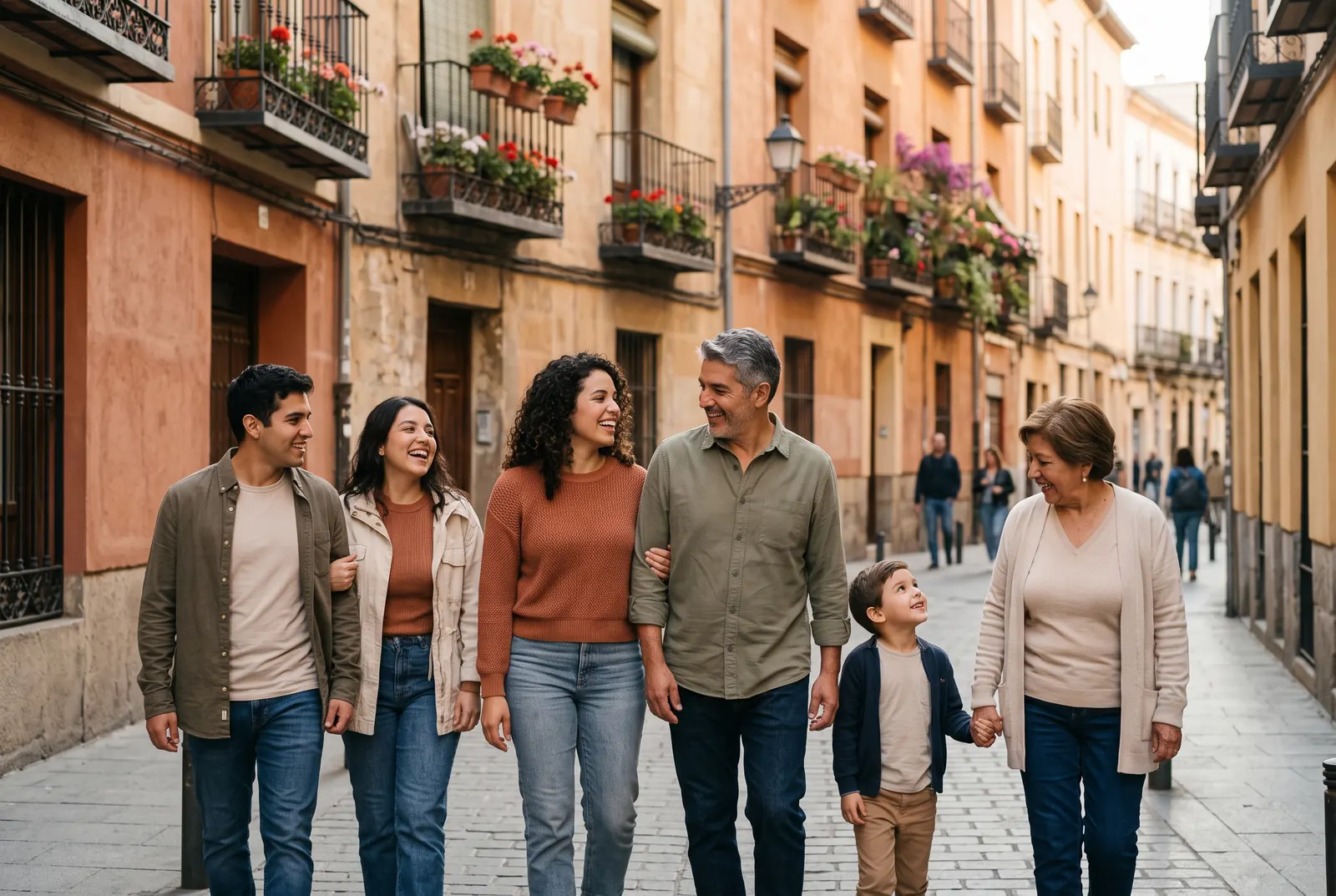 Familias latinas paseando por una calle de España