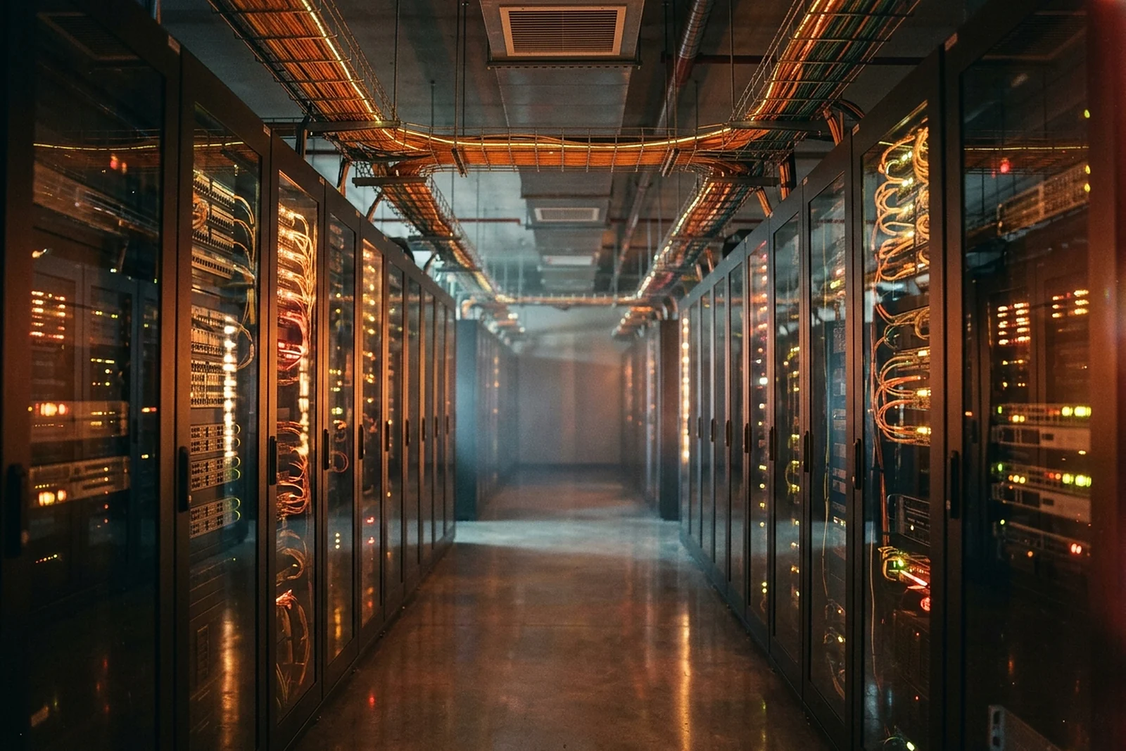 Pasillo de un centro de datos con racks de servidores y cableado de fibra iluminado
